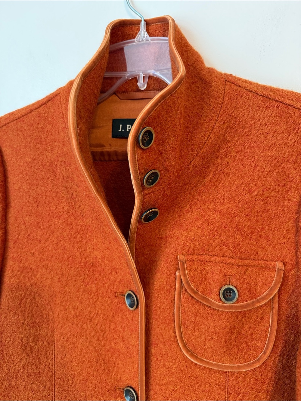J.Peterman 100% Wool Button Up Coat Jacket Blazer Velvet Piping Orange Rust Sz 8 - Picture 2 of 8